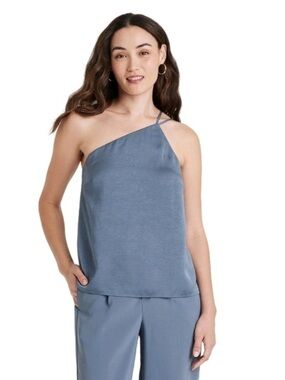 ONE SHOULDER STRAP CAMI BLOUSE SATIN FINISH DARK BLUE